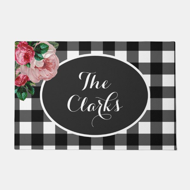 Personalized Floral and Buffalo Check Doormat (Front)