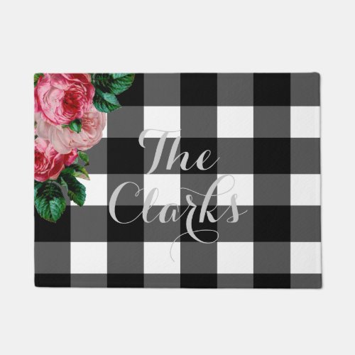 Personalized Floral and Buffalo Check Doormat