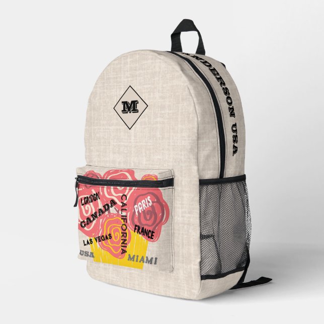 Personalized floral and burlap Stylish design text Printed Backpack (Back Corner Right)