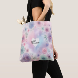 personalized floral and heart tote bag