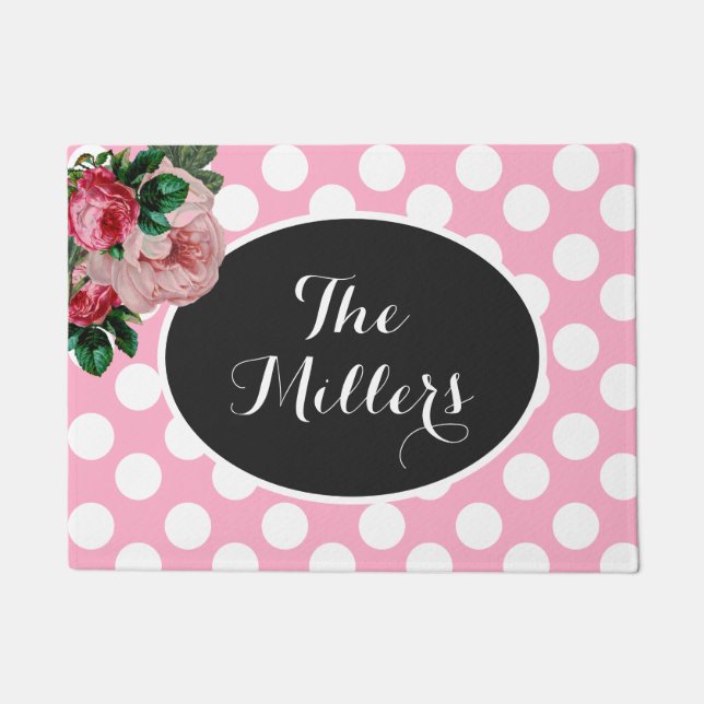 Personalized Floral and Pink Polka Dot Doormat (Front)