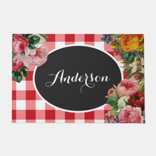 Personalized Floral and Red Buffalo Check Doormat