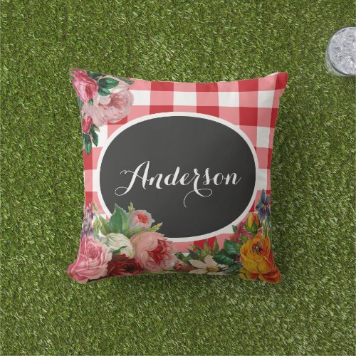 Personalized Floral and Red Buffalo Check Pillow