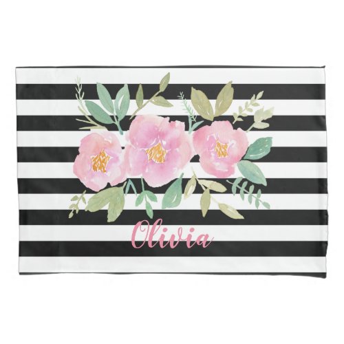 Personalized Floral and Stripe Pillow Case