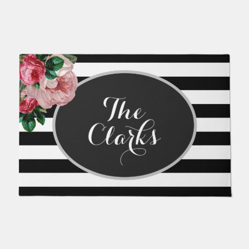 Personalized Floral and Stripes Doormat