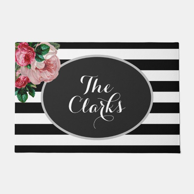 Personalized Floral and Stripes Doormat (Front)