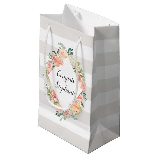 Personalized Floral and Stripes Pattern Small Gift Bag (Front Angled)