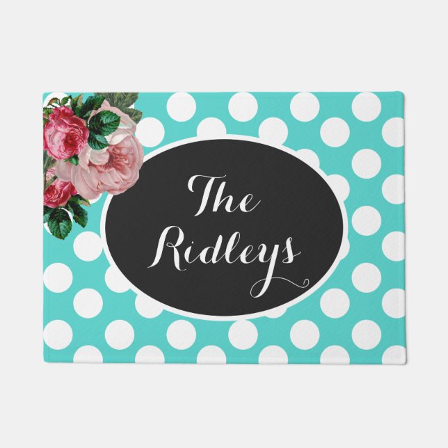 Personalized Floral and Teal Polka Dot Doormat (Front)