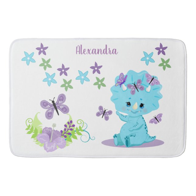 Personalized Floral Baby Dinosaur Bath Mat (Front)