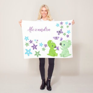 Personalized Floral Baby Dinosaur Friends Fleece Blanket