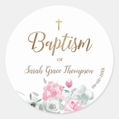 Personalized floral Baby girl gold cross baptism Classic Round Sticker