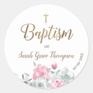 Personalized floral Baby girl gold cross baptism Classic Round Sticker