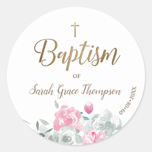 Personalized floral Baby girl gold cross baptism Classic Round Sticker (Front)