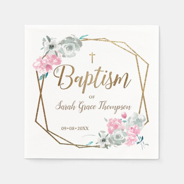 Personalized floral Baby girl gold cross baptism Napkins (Front)