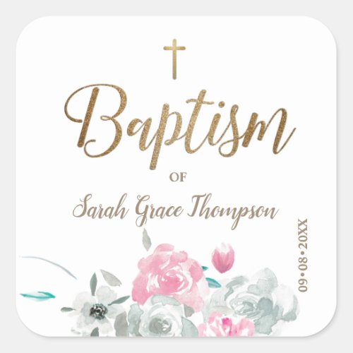 Personalized floral Baby girl gold cross baptism Square Sticker