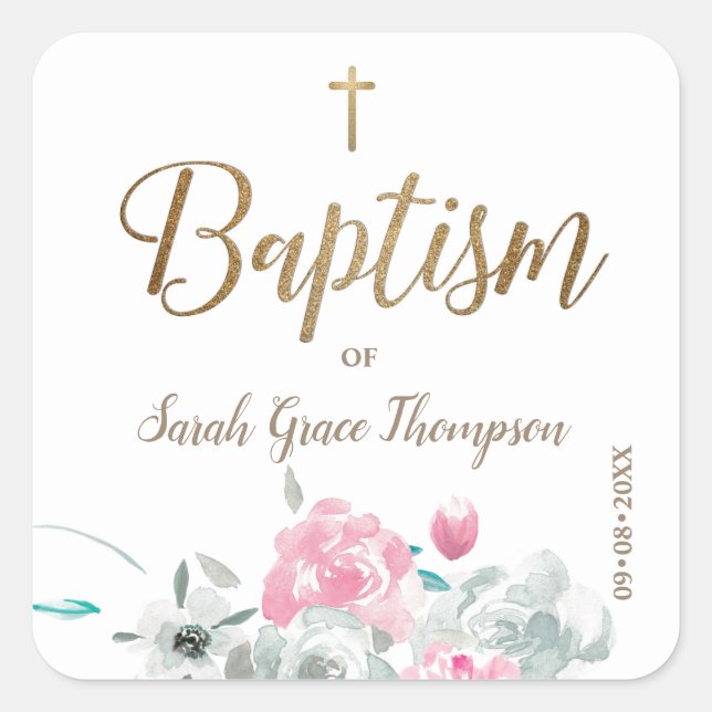 Personalized floral Baby girl gold cross baptism Square Sticker (Front)