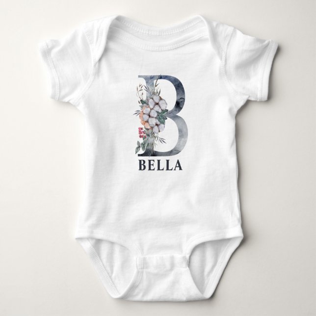Personalized Floral Baby Girl Name Baby Initial B Bodysuit (Front)