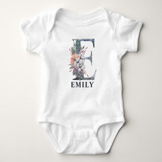 Personalized Floral Baby Girl Name Baby Initial E Bodysuit (Front)