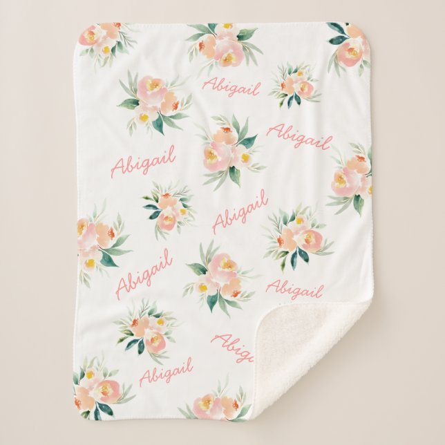 Personalized Floral Baby Girl Name Sherpa Blanket (Front)
