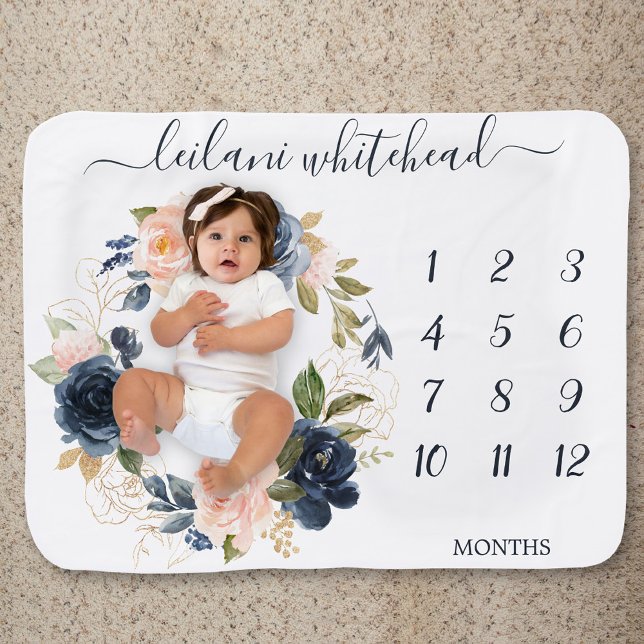 Personalized Floral Baby Month Milestone Pink Navy Baby Blanket (Baby blanket with a pink and blue floral wreath with a monthly milestone photo option.)