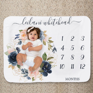 Personalized Floral Baby Month Milestone Pink Navy Blanket