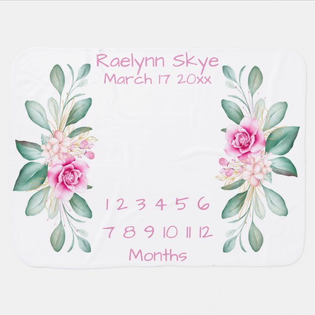 Personalized Floral Baby Monthly Milestone Blanket (Horizontal)