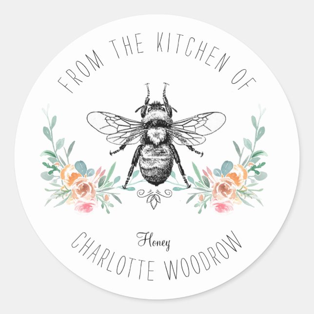 Personalized Floral Bee Kitchen Of Classic Round Sticker (Front)