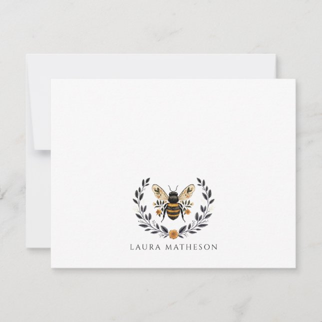 Personalized Floral Bee Laurel Note Card (Front)