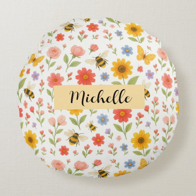 Personalized Floral Bee Round Pillow (Front)
