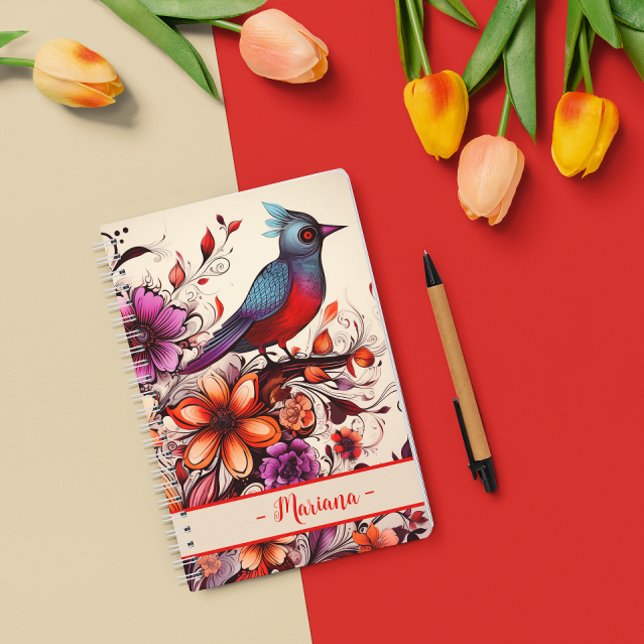 Personalized Floral Bird Boho Art Design Notebook (Gorgeous Red bird and floral custom name Summer Notebook)