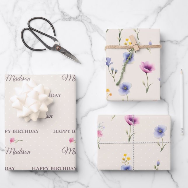 Personalized Floral Birthday Wrapping Paper Set (Front)
