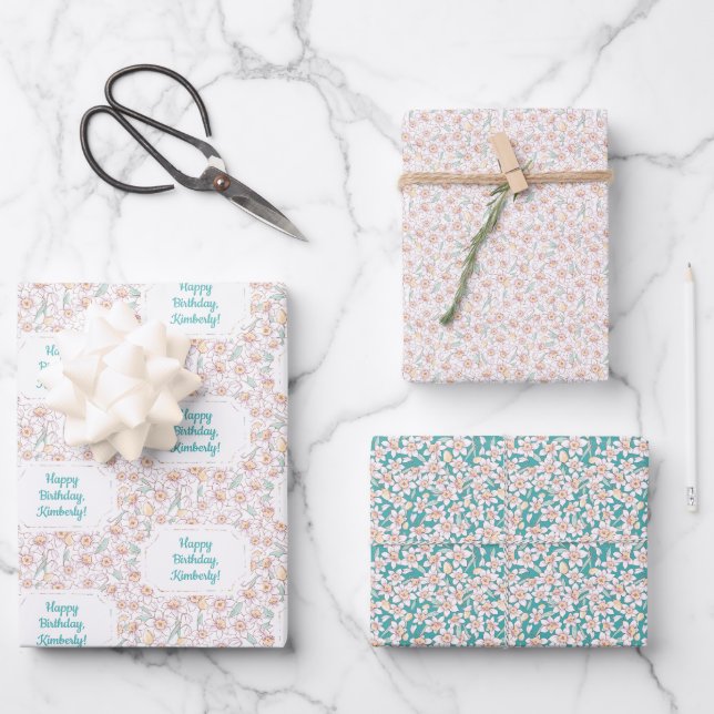 Personalized Floral Birthday Wrapping Paper Sheets (Front)