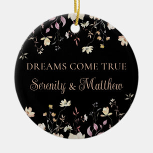 Personalized Floral Black Boho Wedding Keepsake Ceramic Ornament