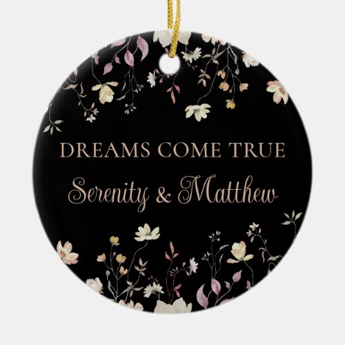 Personalized Floral Black Boho Wedding Keepsake Ceramic Ornament