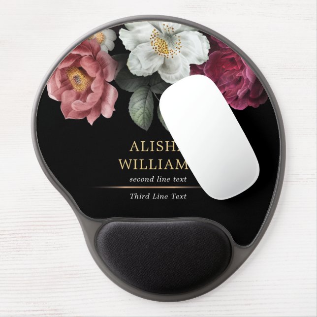 Personalized Floral Black Luxury Gel Mouse Pad (Left Side)