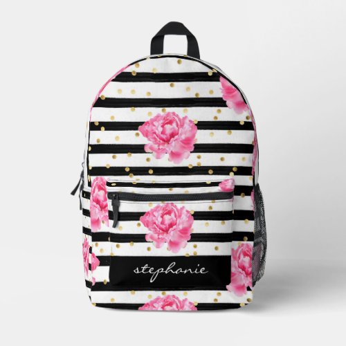 Personalized Floral Black Stripe and Gold Confetti Printed Backpack
