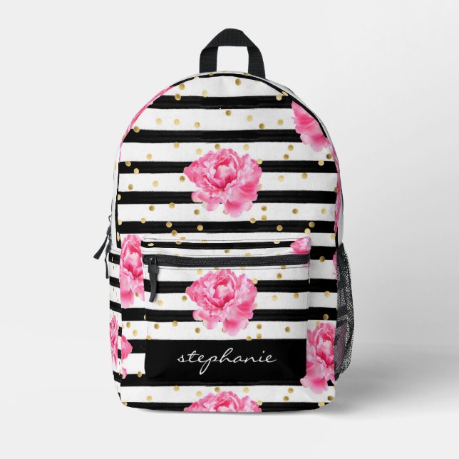 Personalized Floral Black Stripe and Gold Confetti Printed Backpack (Front)