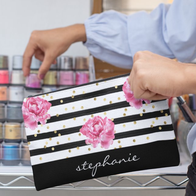 Personalized Floral Black Stripe Cosmetic Accessory Pouch (Personalized Floral Black Stripe Cosmetic Accessory Pouch)