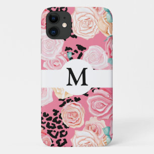 Personalized Floral Black & White Animal Print iPhone 11 Case