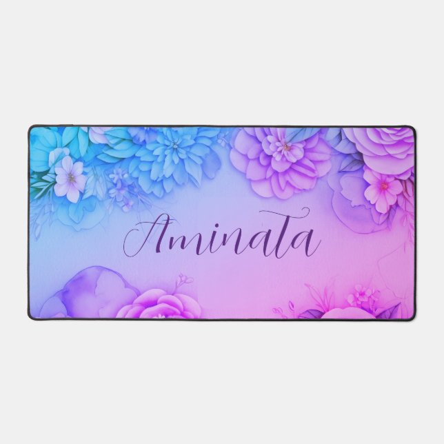 Personalized Floral Bliss Desk Mat In Pastel Blue (Front)