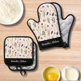 Personalized Floral Bloom Greenary Script Colorful Oven Mitt & Pot Holder Set
