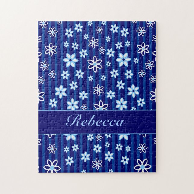 Personalized Floral blue and white patterned Jigsaw Puzzle (Vertical)
