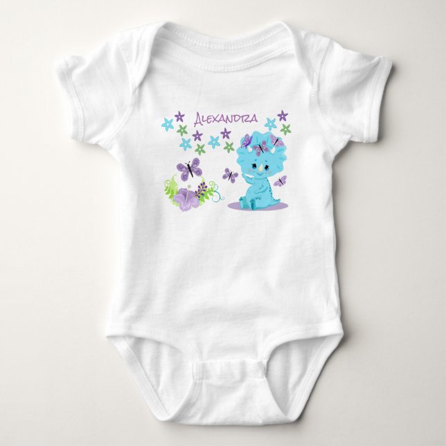 Personalized Floral Blue Baby Dinosaur Bodysuit (Front)