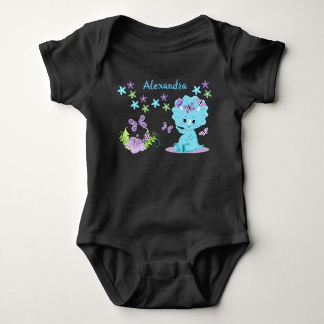 Personalized Floral Blue Baby Dinosaur Bodysuit (Front)