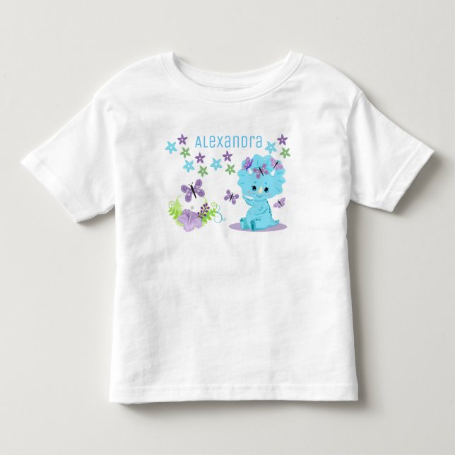 Personalized Floral Blue Baby Dinosaur Toddler T-shirt (Front)