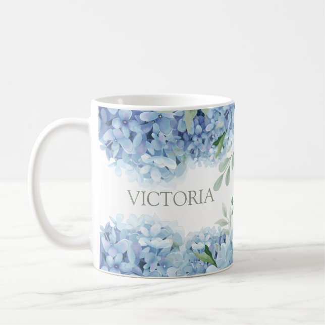 Personalized Floral Blue Hydrangea Coffee Mug (Left)