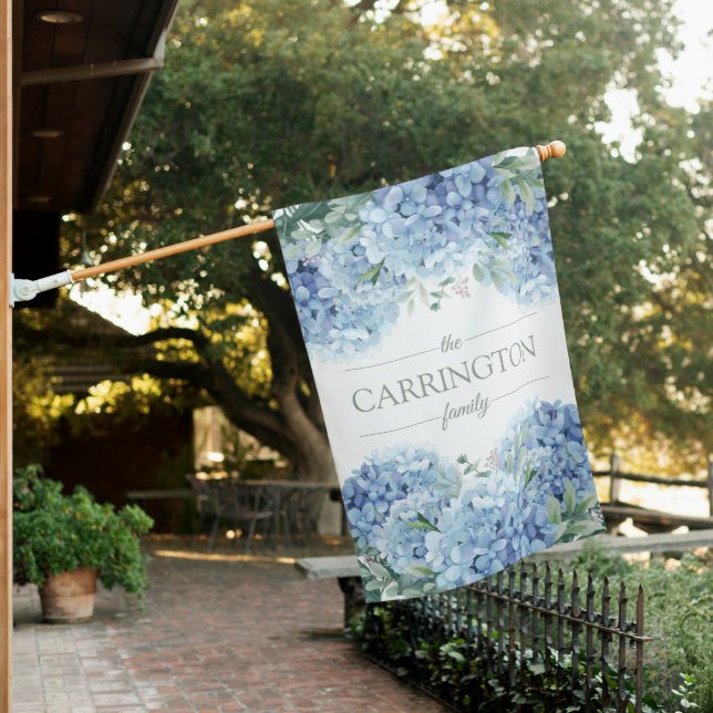 Personalized Floral Blue Hydrangea Family Name  House Flag (In SItu)