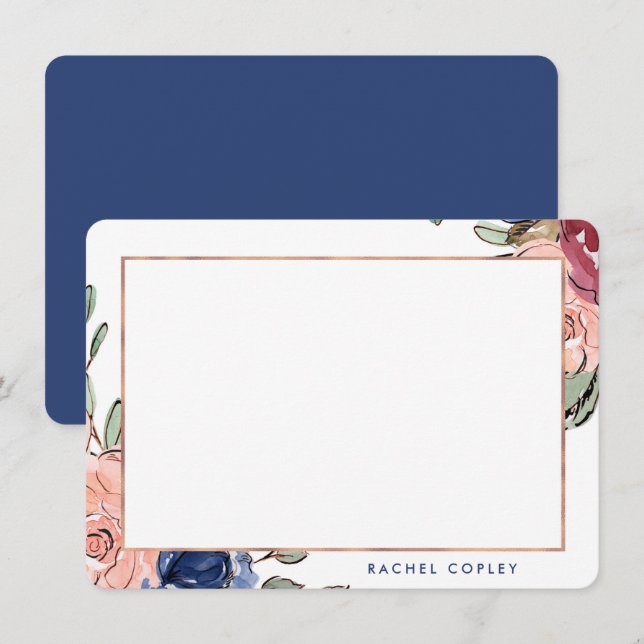 Personalized Floral Blue Pink Elegant Stationery Note Card (Front/Back)