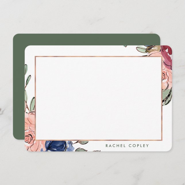 Personalized Floral Blue Pink Elegant Stationery Note Card (Front/Back)