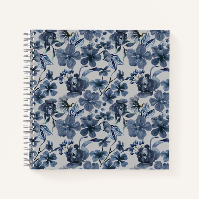 Personalized Floral Blue & White Flower  Notebook (Front)